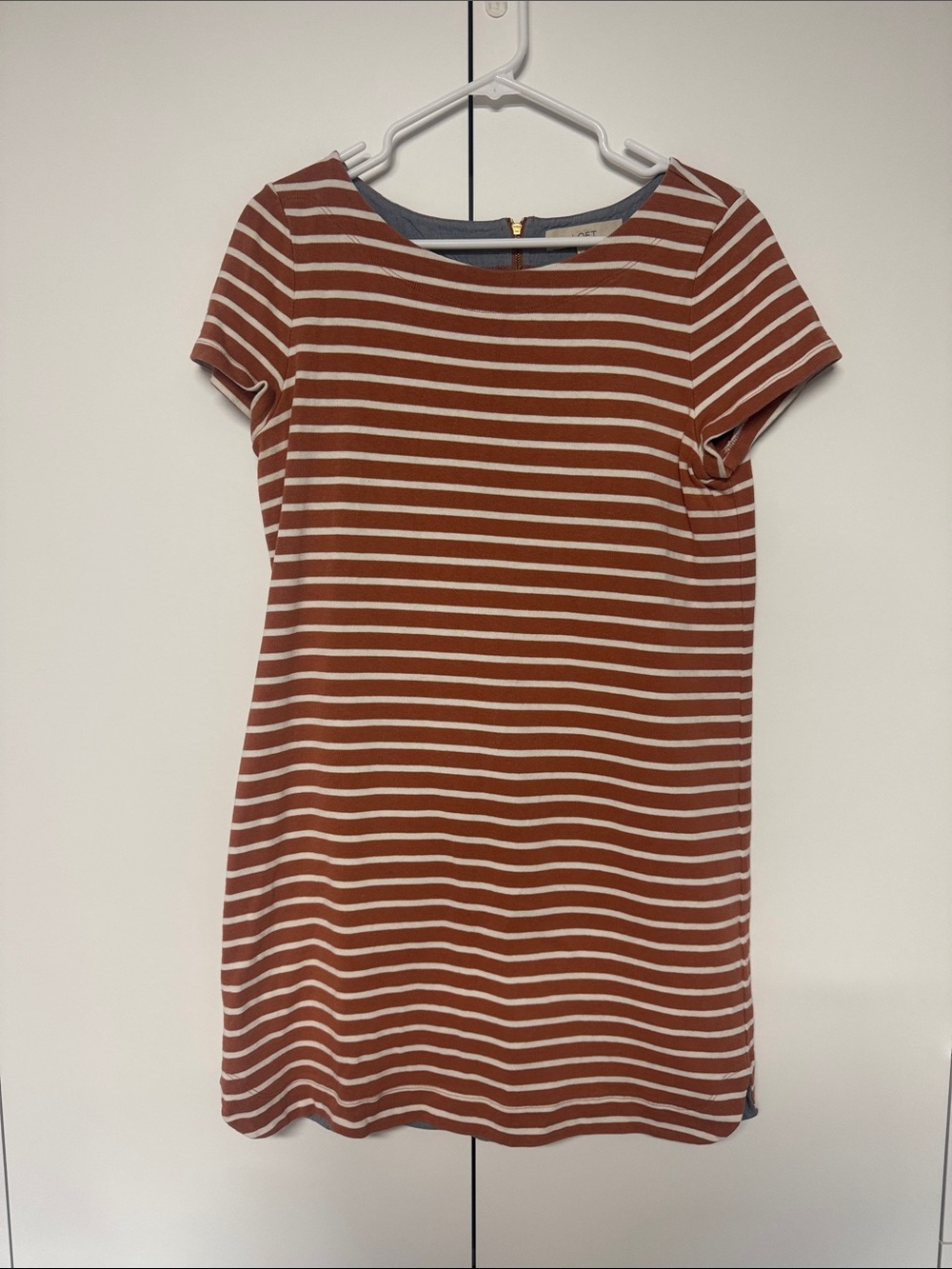 LOFT Rust and Cream Striped Short-Sleeve Shift Dress